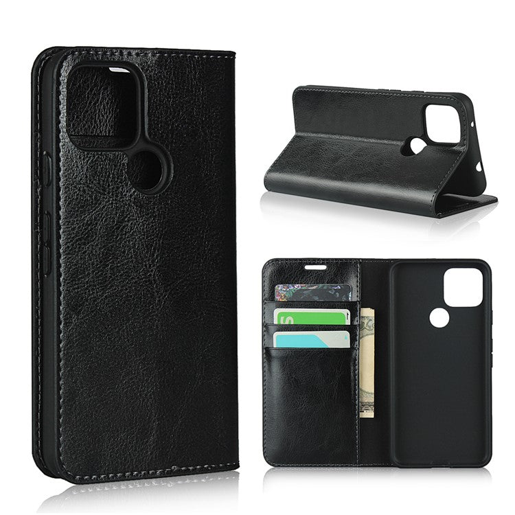 Crazy Horse Genuine Leather Wallet Stand Cover Case for Google Pixel 4a 5G - Black