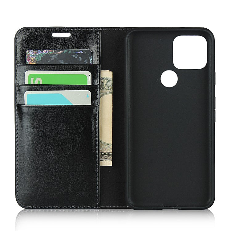 Crazy Horse Genuine Leather Wallet Stand Cover Case for Google Pixel 4a 5G - Black