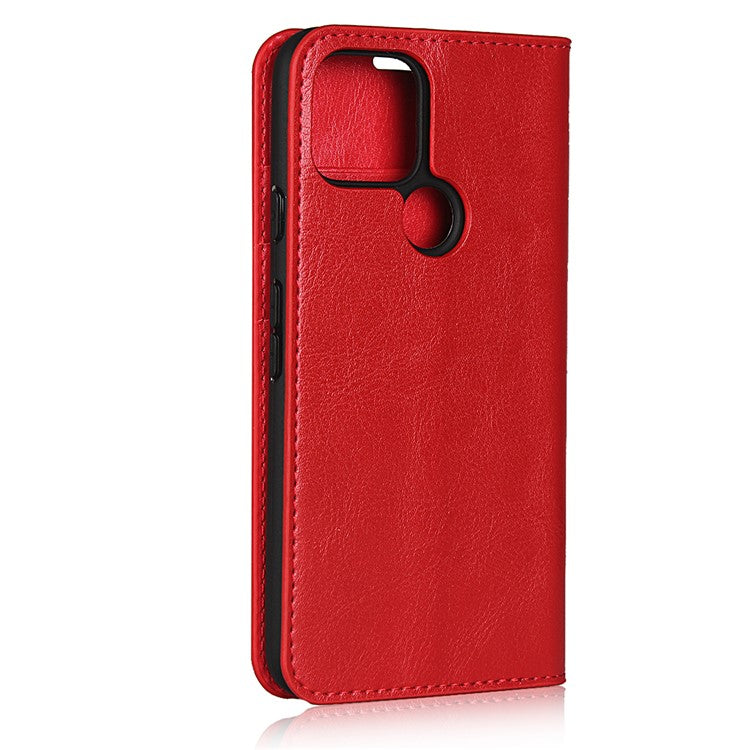 Crazy Horse Genuine Leather Wallet Stand Cover Case for Google Pixel 4a 5G - Red