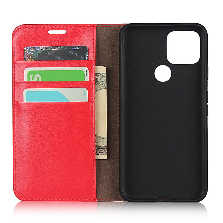 Crazy Horse Genuine Leather Wallet Stand Cover Case for Google Pixel 4a 5G - Red