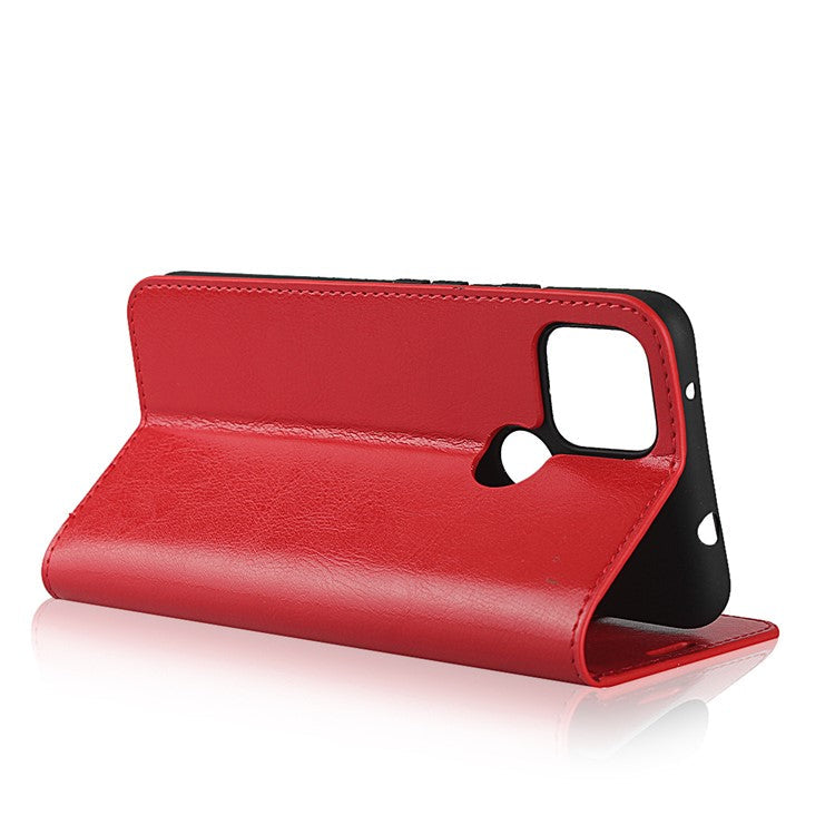 Crazy Horse Genuine Leather Wallet Stand Cover Case for Google Pixel 4a 5G - Red