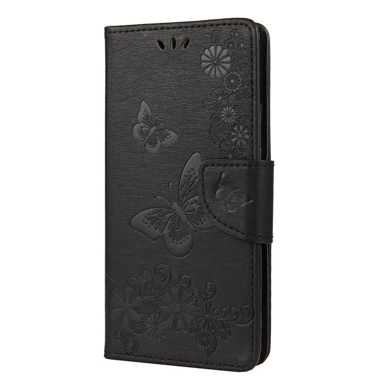 Butterfly Flower Imprint Leather Wallet Case with Stand for Google Pixel 4a 5G - Black