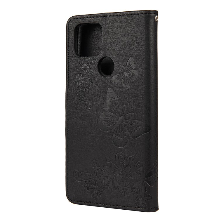 Butterfly Flower Imprint Leather Wallet Case with Stand for Google Pixel 4a 5G - Black