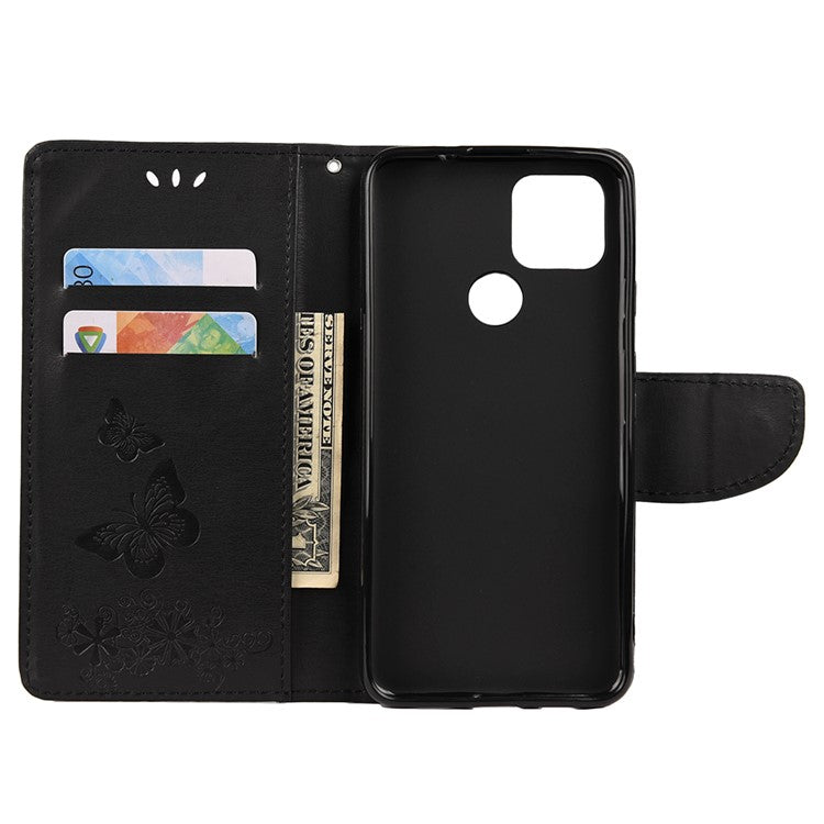 Butterfly Flower Imprint Leather Wallet Case with Stand for Google Pixel 4a 5G - Black