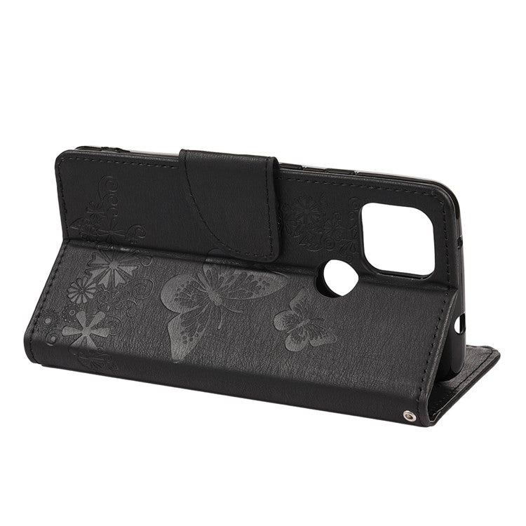 Butterfly Flower Imprint Leather Wallet Case with Stand for Google Pixel 4a 5G - Black