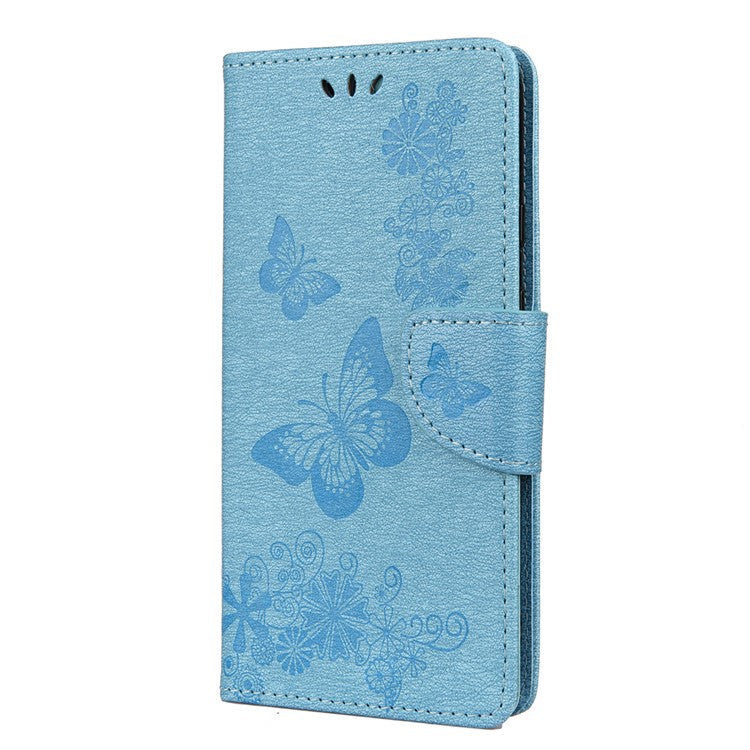 Butterfly Flower Imprint Leather Wallet Case with Stand for Google Pixel 4a 5G - Blue
