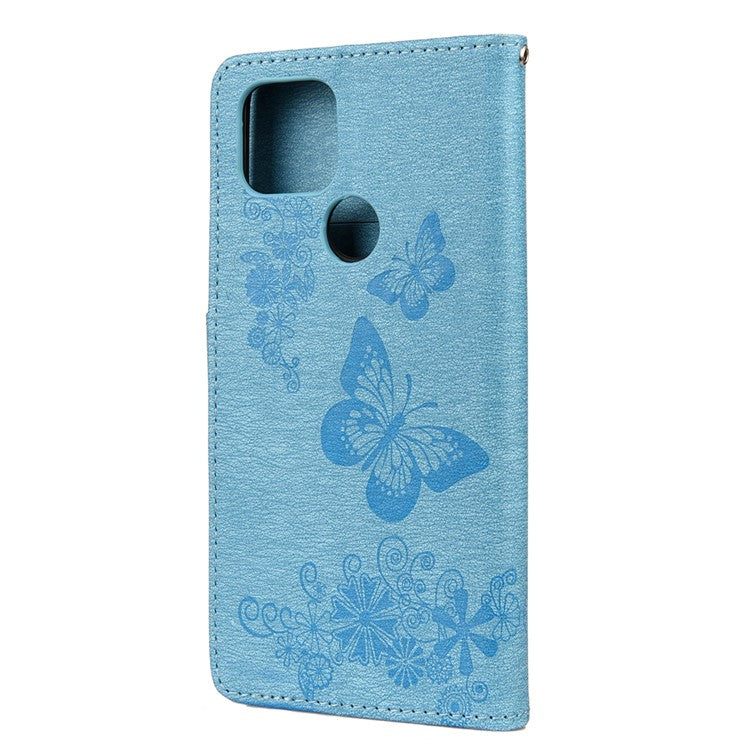 Butterfly Flower Imprint Leather Wallet Case with Stand for Google Pixel 4a 5G - Blue