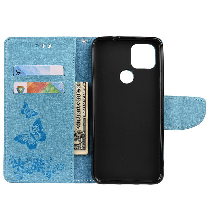 Butterfly Flower Imprint Leather Wallet Case with Stand for Google Pixel 4a 5G - Blue