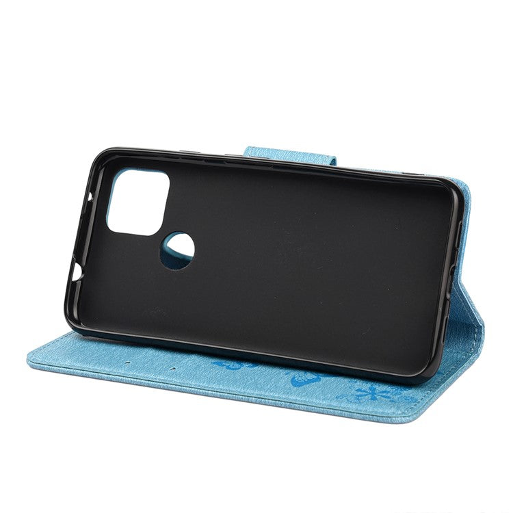 Butterfly Flower Imprint Leather Wallet Case with Stand for Google Pixel 4a 5G - Blue