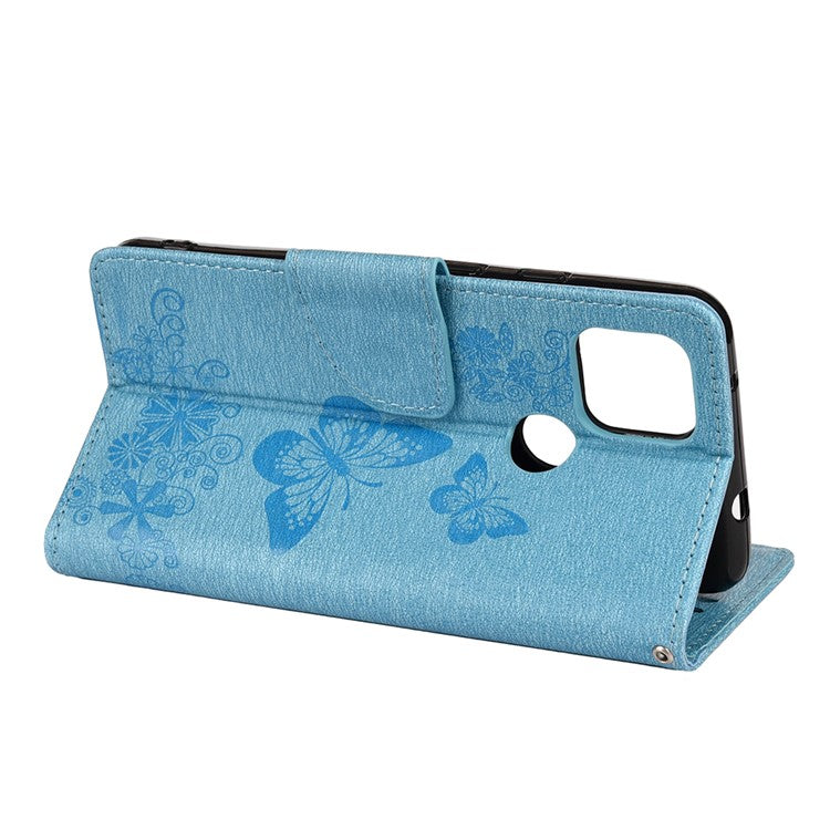 Butterfly Flower Imprint Leather Wallet Case with Stand for Google Pixel 4a 5G - Blue