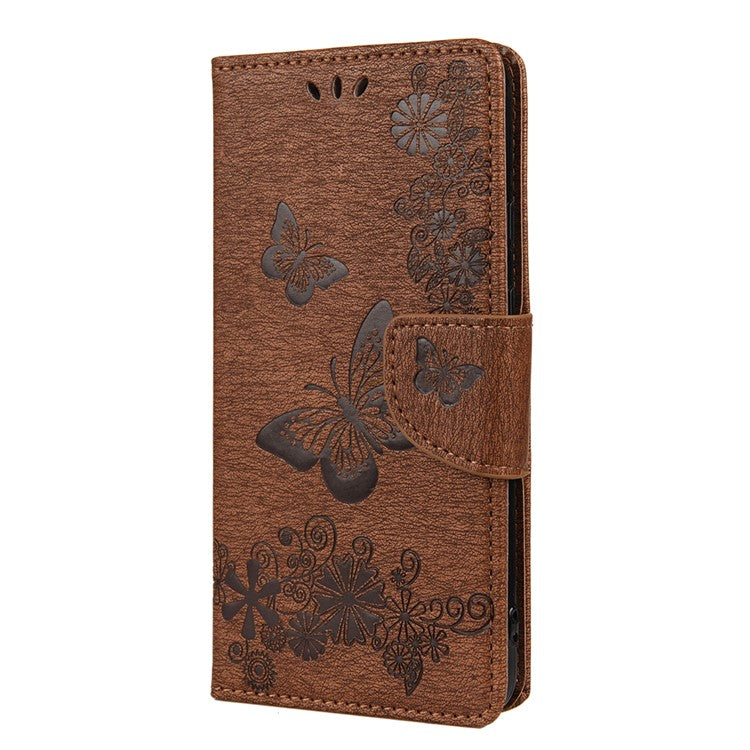 Butterfly Flower Imprint Leather Wallet Case with Stand for Google Pixel 4a 5G - Brown