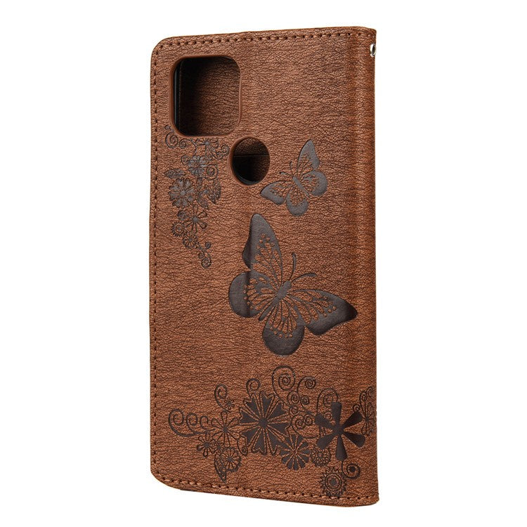 Butterfly Flower Imprint Leather Wallet Case with Stand for Google Pixel 4a 5G - Brown