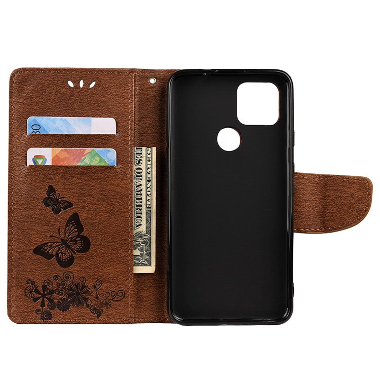 Butterfly Flower Imprint Leather Wallet Case with Stand for Google Pixel 4a 5G - Brown