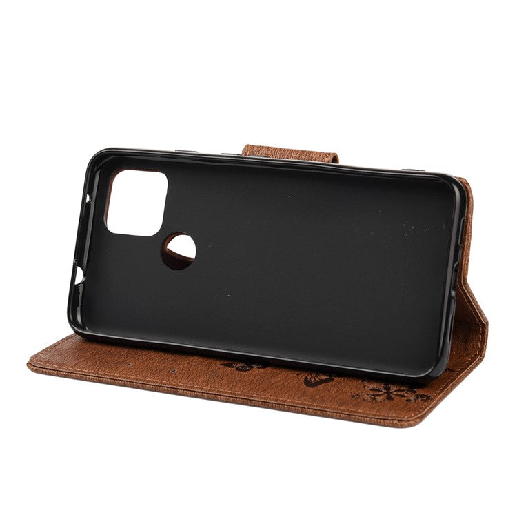 Butterfly Flower Imprint Leather Wallet Case with Stand for Google Pixel 4a 5G - Brown