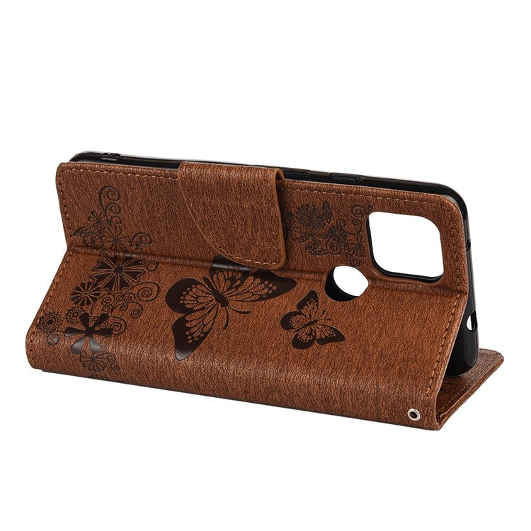 Butterfly Flower Imprint Leather Wallet Case with Stand for Google Pixel 4a 5G - Brown