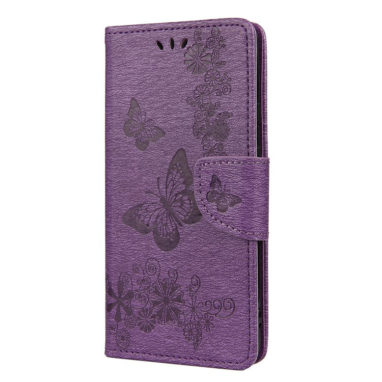 Butterfly Flower Imprint Leather Wallet Case with Stand for Google Pixel 4a 5G - Purple