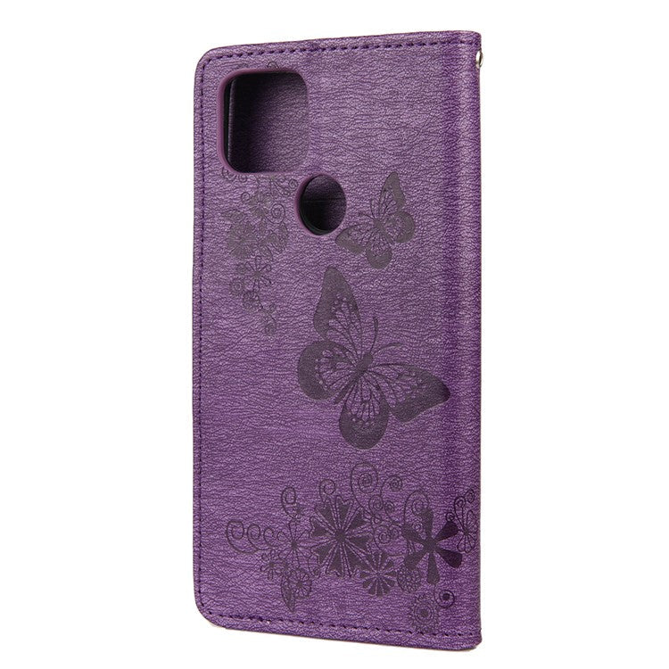 Butterfly Flower Imprint Leather Wallet Case with Stand for Google Pixel 4a 5G - Purple