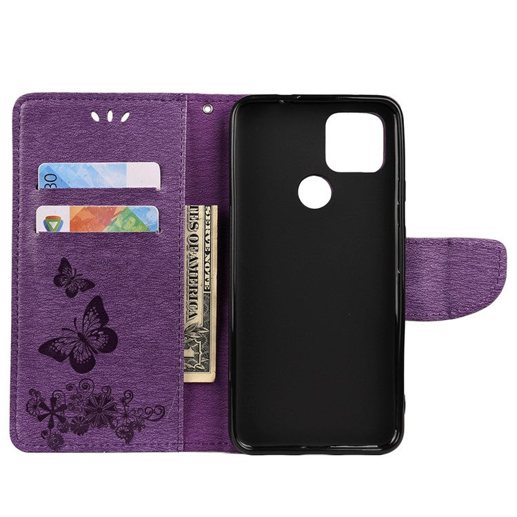 Butterfly Flower Imprint Leather Wallet Case with Stand for Google Pixel 4a 5G - Purple