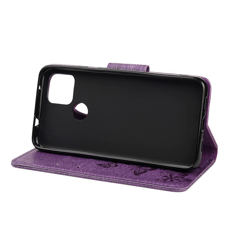 Butterfly Flower Imprint Leather Wallet Case with Stand for Google Pixel 4a 5G - Purple