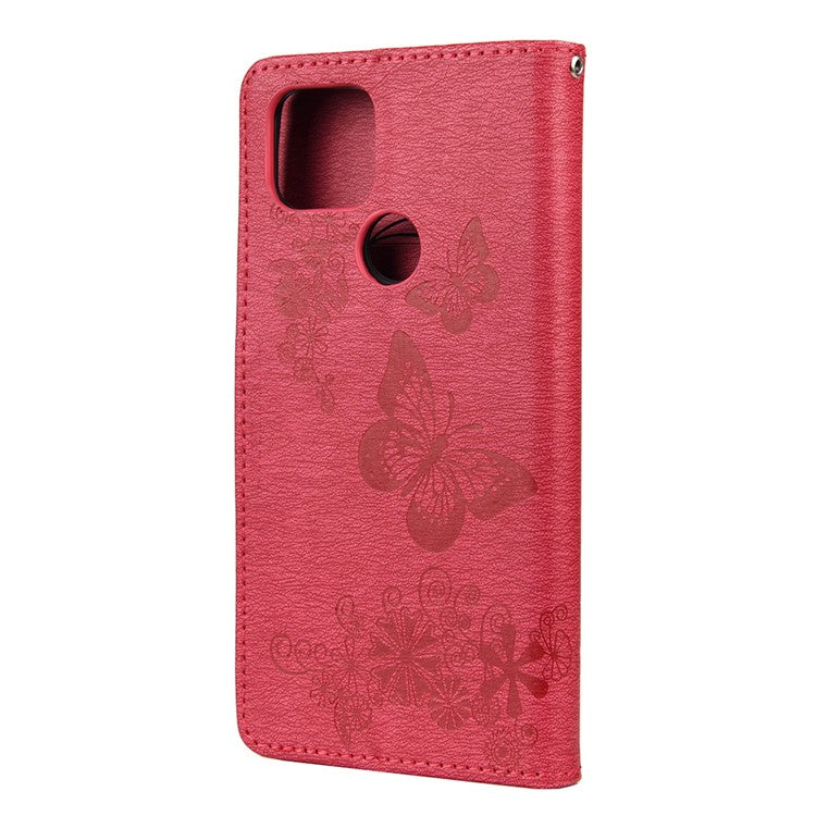 Butterfly Flower Imprint Leather Wallet Case with Stand for Google Pixel 4a 5G - Red