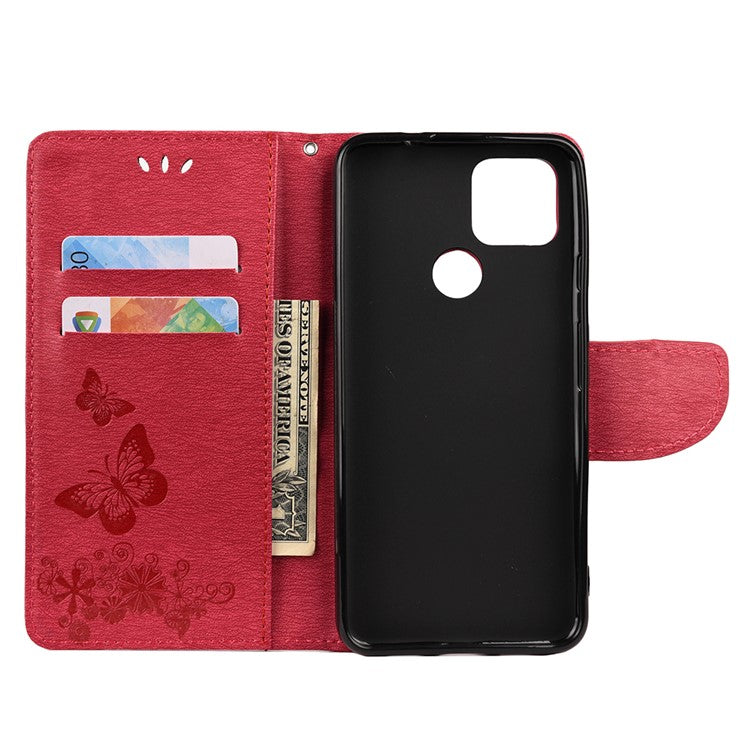 Butterfly Flower Imprint Leather Wallet Case with Stand for Google Pixel 4a 5G - Red