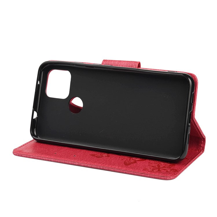 Butterfly Flower Imprint Leather Wallet Case with Stand for Google Pixel 4a 5G - Red