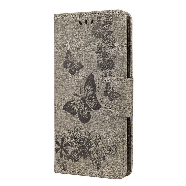 Butterfly Flower Imprint Leather Wallet Case with Stand for Google Pixel 4a 5G - Grey