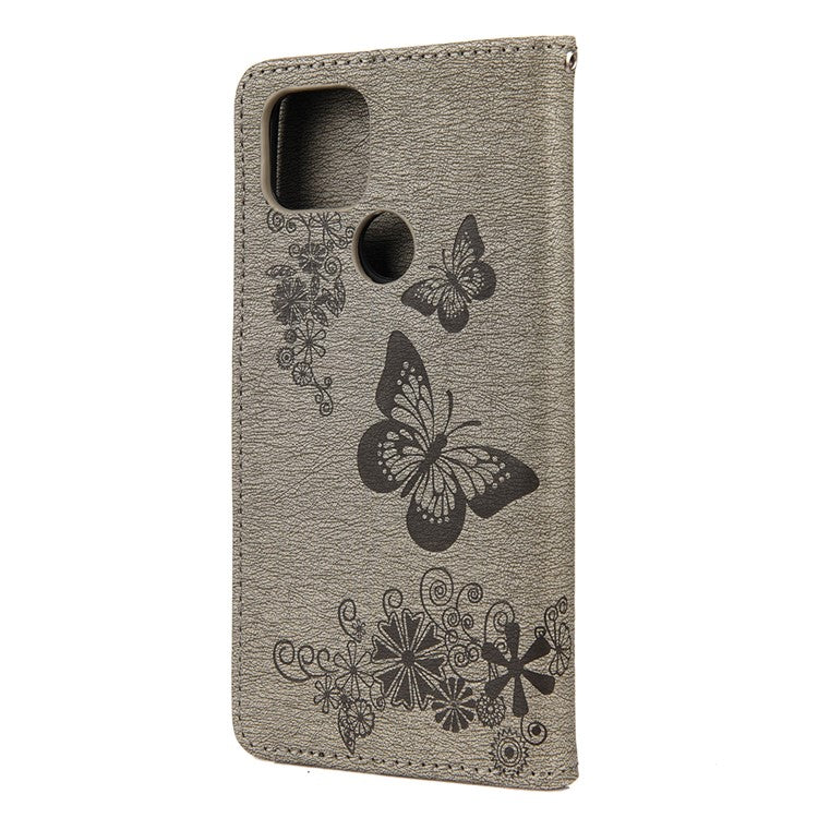 Butterfly Flower Imprint Leather Wallet Case with Stand for Google Pixel 4a 5G - Grey