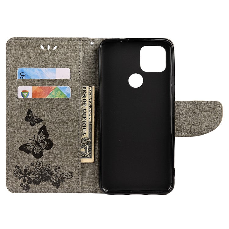 Butterfly Flower Imprint Leather Wallet Case with Stand for Google Pixel 4a 5G - Grey