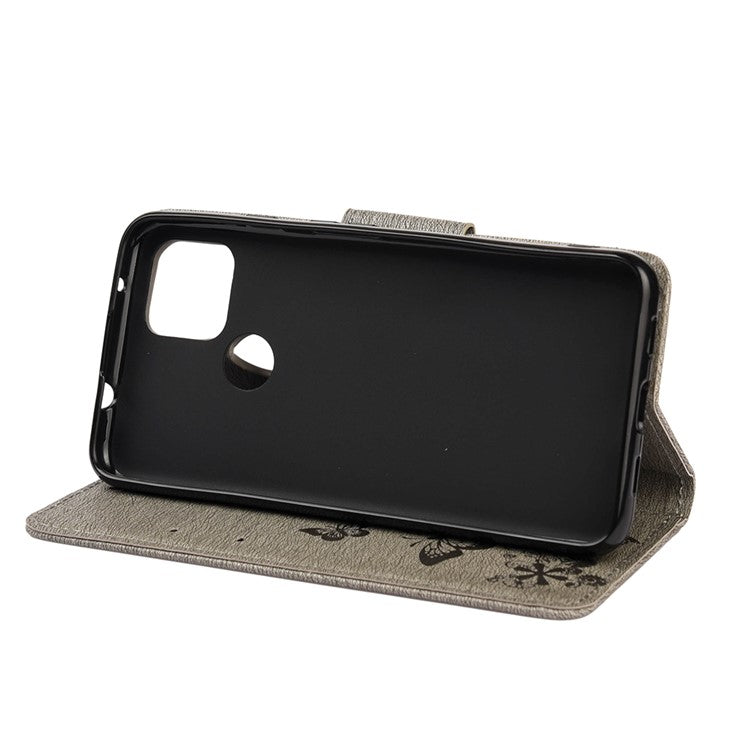 Butterfly Flower Imprint Leather Wallet Case with Stand for Google Pixel 4a 5G - Grey