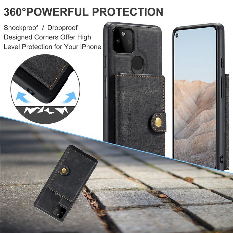 JEEHOOD Magnetic Clasp Wallet Design Detachable 2-in-1 Leather Coated TPU Phone Case for Google Pixel 5a 5G - Black