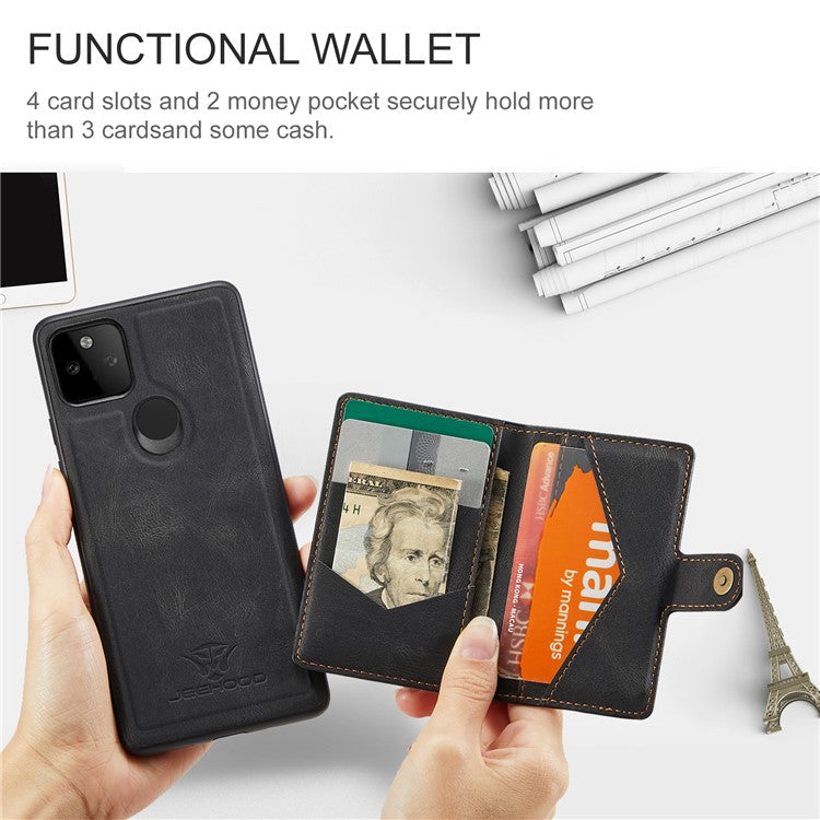 JEEHOOD Magnetic Clasp Wallet Design Detachable 2-in-1 Leather Coated TPU Phone Case for Google Pixel 5a 5G - Black