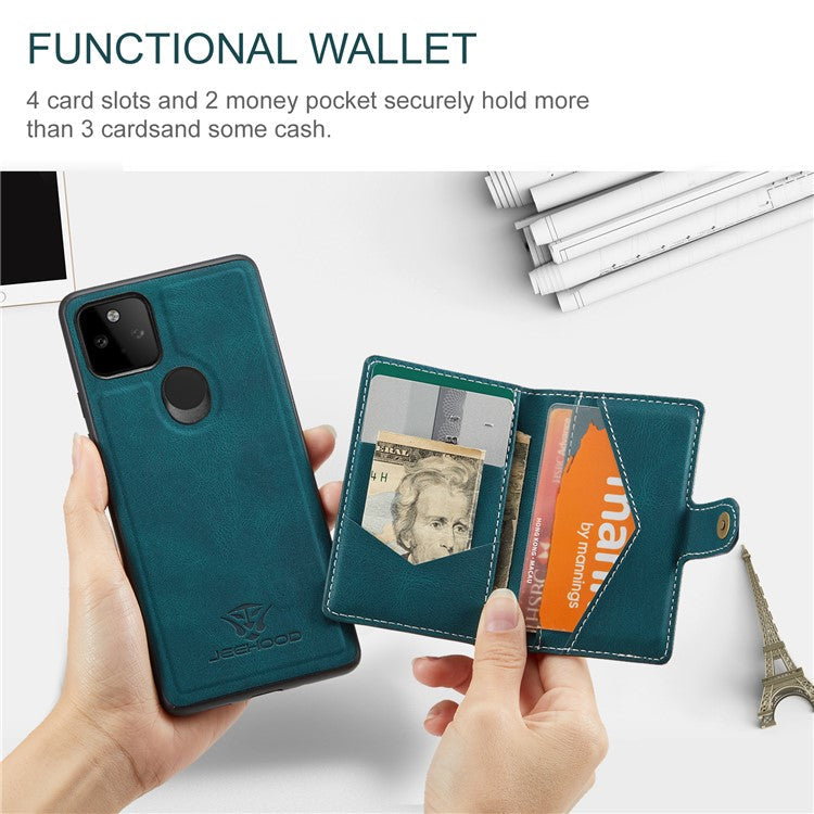 JEEHOOD Magnetic Clasp Wallet Design Detachable 2-in-1 Leather Coated TPU Phone Case for Google Pixel 5a 5G - Green