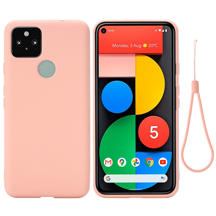 Well-Protected Solid Color Liquid Silicone Phone Protective Shell with Strap for Google Pixel 5a 5G - Pink