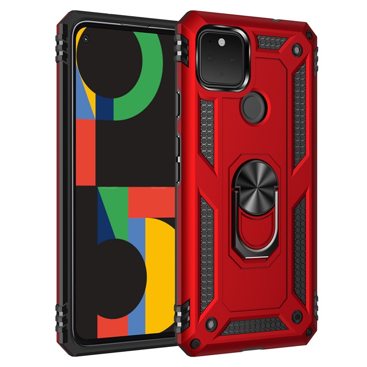 Hybrid PC + TPU + Metal Anti-Fall Finger Ring Kickstand Phone Case Shell for Google Pixel 4a 5G - Red