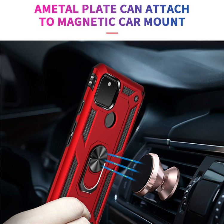 Hybrid PC + TPU + Metal Anti-Fall Finger Ring Kickstand Phone Case Shell for Google Pixel 4a 5G - Red