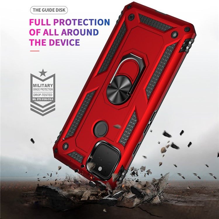 Hybrid PC + TPU + Metal Anti-Fall Finger Ring Kickstand Phone Case Shell for Google Pixel 4a 5G - Black