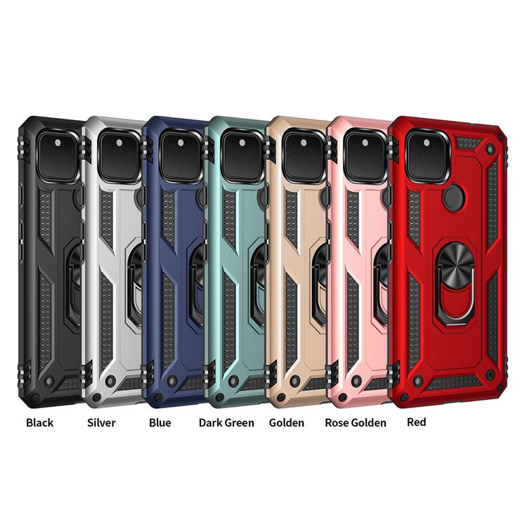 Hybrid PC + TPU + Metal Anti-Fall Finger Ring Kickstand Phone Case Shell for Google Pixel 4a 5G - Black
