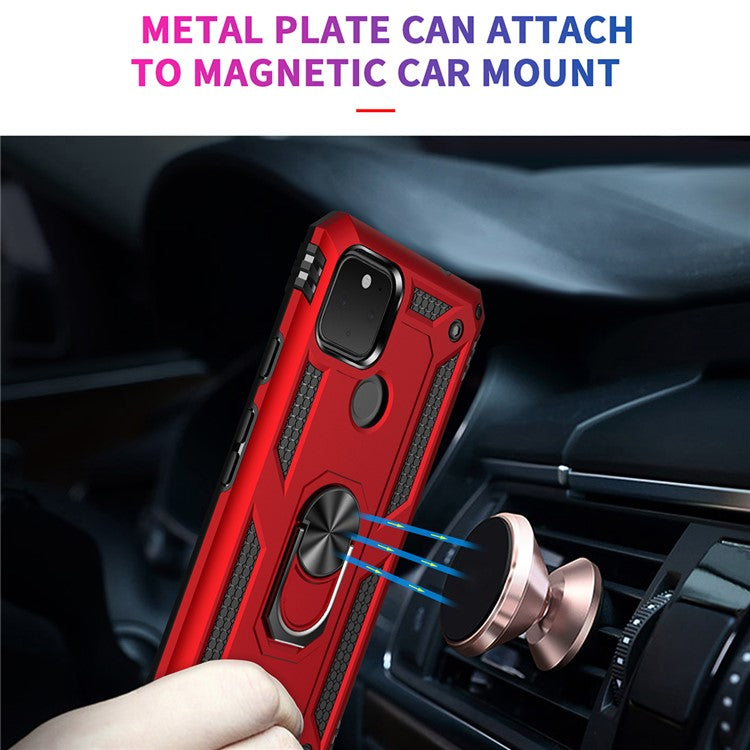Hybrid PC + TPU + Metal Anti-Fall Finger Ring Kickstand Phone Case Shell for Google Pixel 4a 5G - Navy Blue