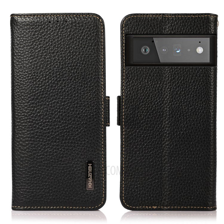 KHAZNEH Litchi Texture Genuine Leather Anti-theft Swiping Design Stand Wallet Phone Case for Google Pixel 6 Pro - Black