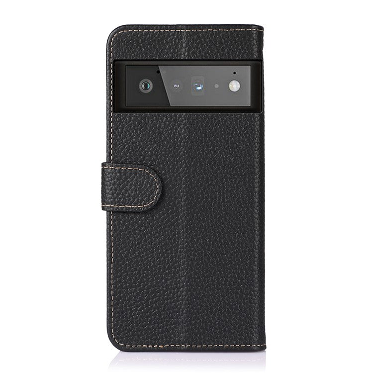 KHAZNEH Litchi Texture Top Layer Genuine Leather Wallet Stand Design Phone Case for Google Pixel 6 Pro - Black