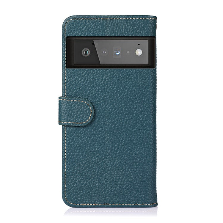 KHAZNEH Litchi Texture Top Layer Genuine Leather Wallet Stand Design Phone Case for Google Pixel 6 Pro - Green