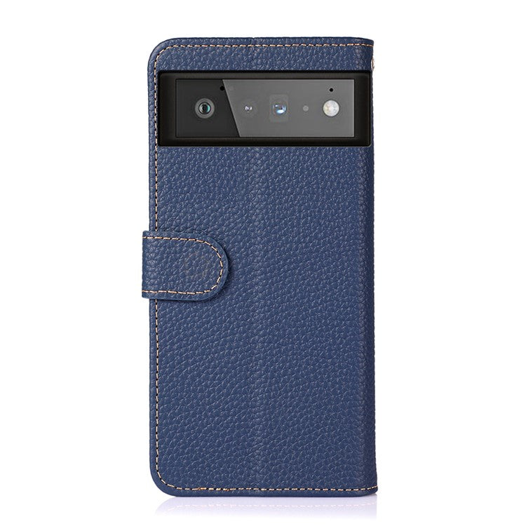 KHAZNEH Litchi Texture Top Layer Genuine Leather Phone Wallet Stand Case Protector for Google Pixel 6 - Blue