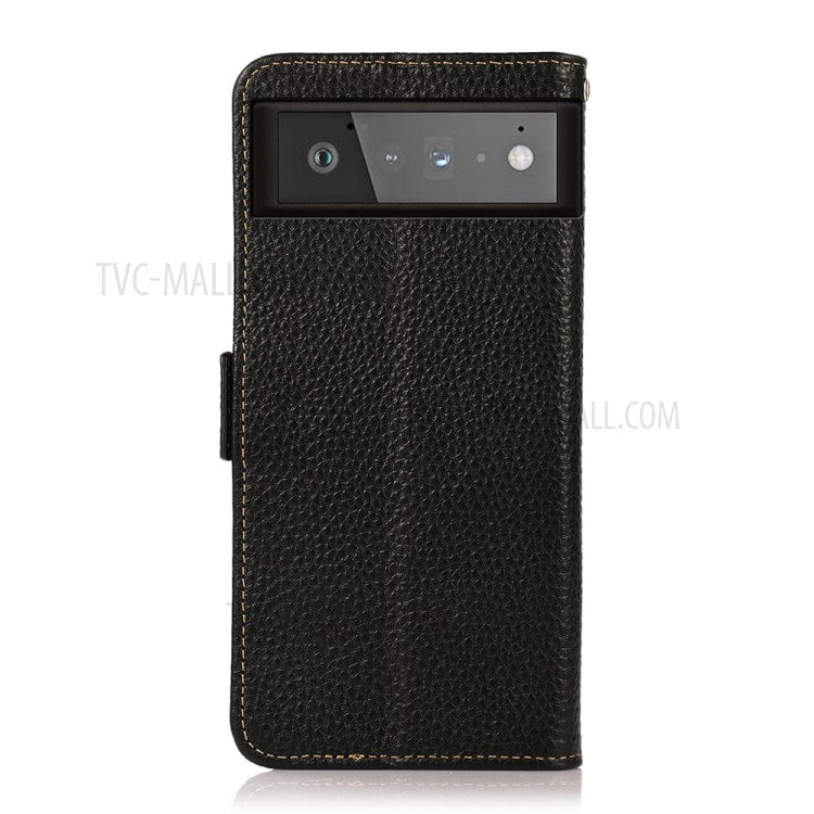 KHAZNEH For Google Pixel 6 Genuine Leather Case Litchi Texture Anti-theft Swiping Design Wallet Phone Protector with Stand - Black