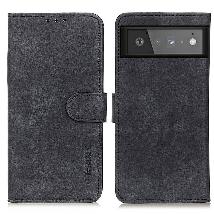 KHAZNEH for Google Pixel 6 PU Leather Phone Case Vintage Style Wallet Stand Flip Cover - Black