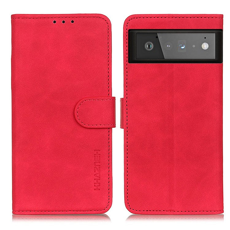 KHAZNEH for Google Pixel 6 PU Leather Phone Case Vintage Style Wallet Stand Flip Cover - Red
