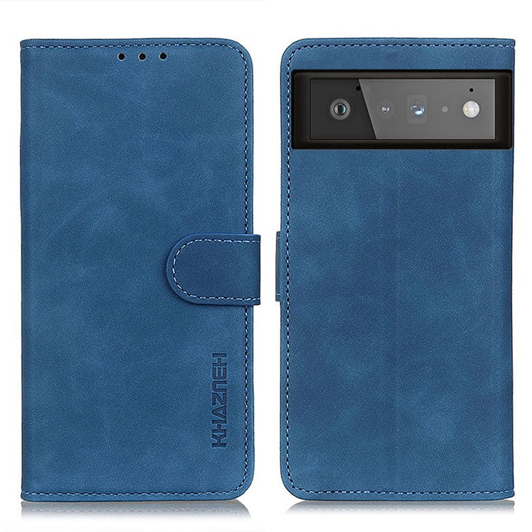 KHAZNEH for Google Pixel 6 PU Leather Phone Case Vintage Style Wallet Stand Flip Cover - Blue