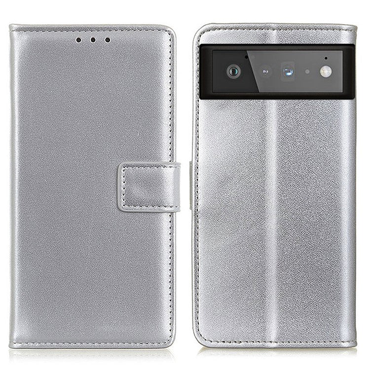 PU Leather Protective Phone Wallet Stand Shell Case for Google Pixel 6 - Silver