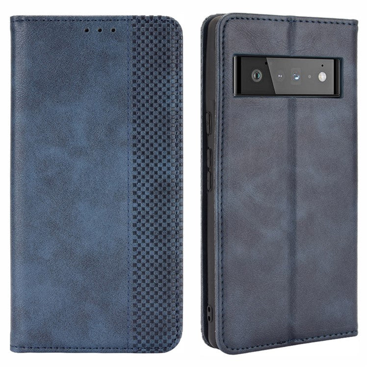 Vintage Style Stand Wallet Leather Cover Phone Case for Google Pixel 6 - Blue