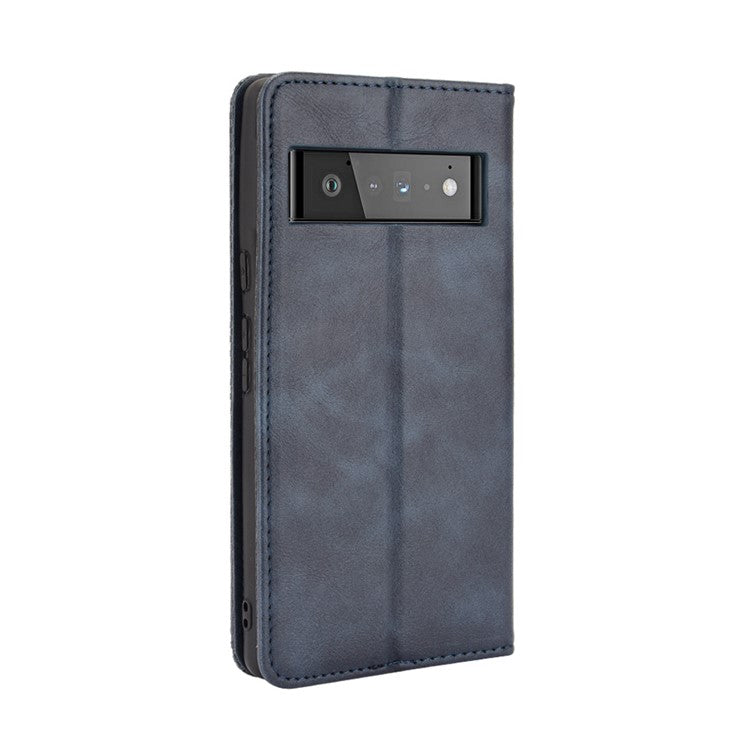 Vintage Style Stand Wallet Leather Cover Phone Case for Google Pixel 6 - Blue